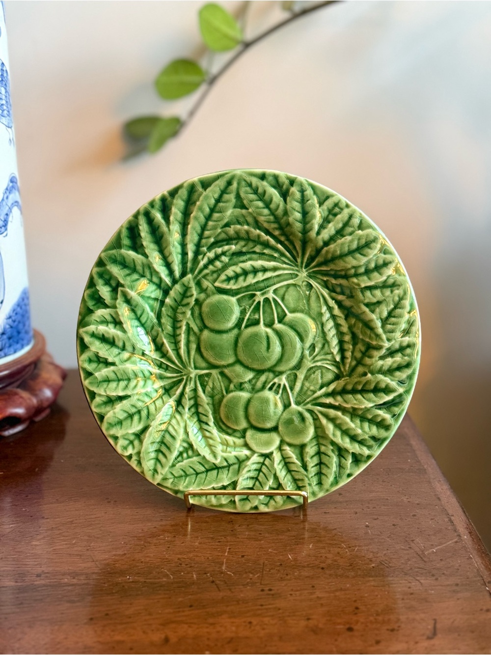 Green Ceramic Relief Plate with Cherry and Leaf Design